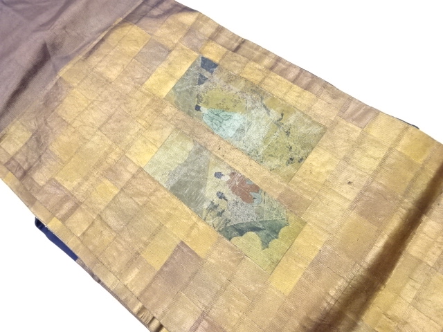 リサイクル　引箔短冊に人物・風景模様名古屋帯